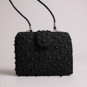 Vintage 80’s Elegant Black Beaded Trunk Clutch Crossbody Purse Formal Wedding